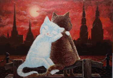 Painting titled "CATS ON THE COAST." by Rakhmet Redzhepov, Original Artwork, Acrylic Mounted on Wood Stretcher frame
