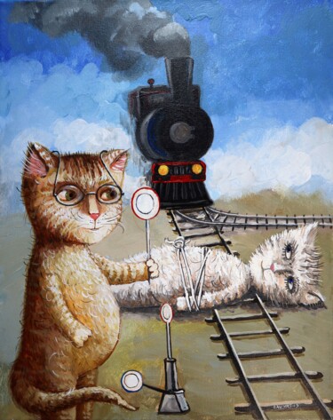 Schilderij getiteld "CATS." door Rakhmet Redzhepov, Origineel Kunstwerk, Acryl Gemonteerd op Frame voor houten brancard
