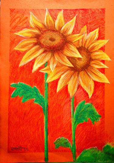 Schilderij getiteld "Two Sunflowers." door Rakhmet Redzhepov, Origineel Kunstwerk, Pastel