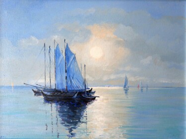 Painting titled "Morning at Sea." by Rakhmet Redzhepov, Original Artwork, Oil Mounted on Wood Stretcher frame