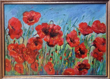 Painting titled "Poppies Red." by Rakhmet Redzhepov, Original Artwork, Acrylic Mounted on Wood Stretcher frame