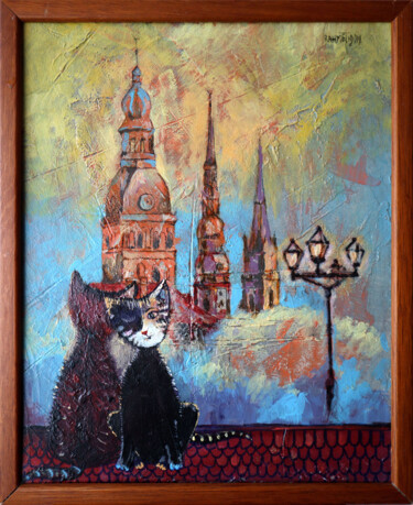 Schilderij getiteld "Evening City." door Rakhmet Redzhepov, Origineel Kunstwerk, Acryl Gemonteerd op Karton