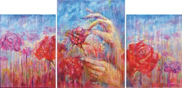 Painting titled "Red Roses in the Ga…" by Rakhmet Redzhepov, Original Artwork, Acrylic Mounted on Wood Stretcher frame