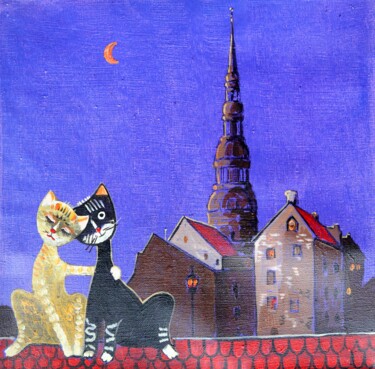 Painting titled "Riga Cats" by Rakhmet Redzhepov, Original Artwork, Acrylic Mounted on Wood Stretcher frame