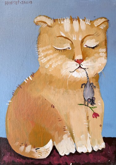 Painting titled "Cat and Mouse." by Rakhmet Redzhepov, Original Artwork, Acrylic Mounted on Cardboard