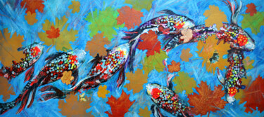 Pintura titulada "Koi Fish on Blue." por Rakhmet Redzhepov, Obra de arte original, Acrílico Montado en Bastidor de camilla d…