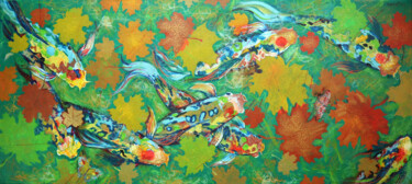 Картина под названием "Koi Fish on Green." - Rakhmet Redzhepov, Подлинное произведение искусства, Акрил Установлен на Деревя…