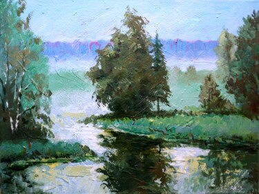 Painting titled "Forest River" by Rakhmet Redzhepov, Original Artwork, Oil Mounted on Wood Stretcher frame