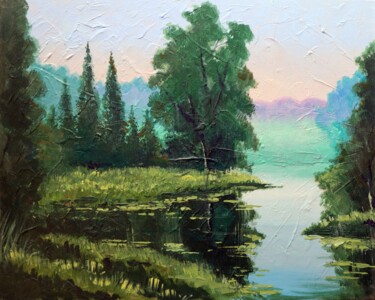 Pittura intitolato "Forest Lake" da Rakhmet Redzhepov, Opera d'arte originale, Olio Montato su Cartone
