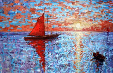 Schilderij getiteld "Scarlet Sail" door Rakhmet Redzhepov, Origineel Kunstwerk, Acryl Gemonteerd op Frame voor houten branca…