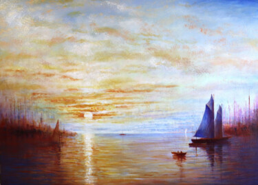 Painting titled "Harbor" by Rakhmet Redzhepov, Original Artwork, Oil Mounted on Wood Stretcher frame
