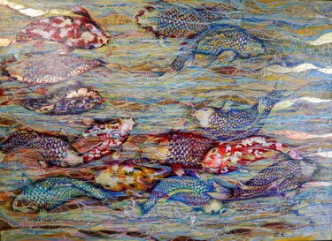 Schilderij getiteld "Koi Fish and the Sw…" door Rakhmet Redzhepov, Origineel Kunstwerk, Olie