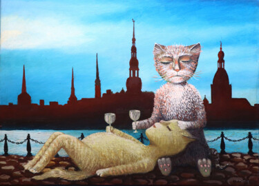 Painting titled "Love in the City" by Rakhmet Redzhepov, Original Artwork, Oil Mounted on Wood Stretcher frame