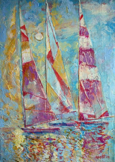 Painting titled "Sail at Sea" by Rakhmet Redzhepov, Original Artwork, Oil Mounted on Wood Stretcher frame