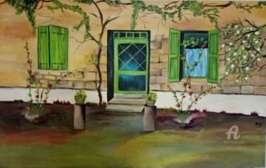 Malerei mit dem Titel "Les fenêtres vertes" von Rakia Hasni, Original-Kunstwerk, Acryl