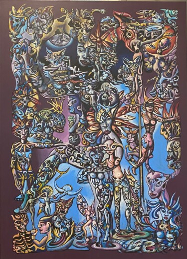 Schilderij getiteld "Giraffenkuss" door Ralf Abati, Origineel Kunstwerk, Acryl Gemonteerd op Frame voor houten brancard