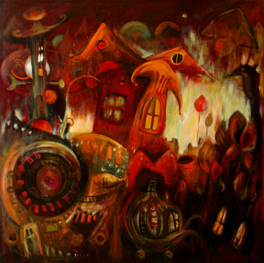 Pintura intitulada "Sleepy Town / Senne…" por Justyna Ralicka, Obras de arte originais, Óleo