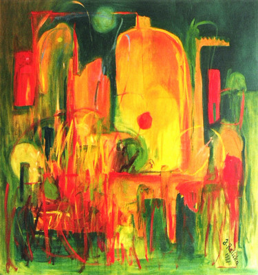 Pittura intitolato "Green with giraffe…" da Justyna Ralicka, Opera d'arte originale, Olio