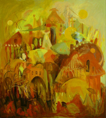 Painting titled "Birds Town / Ptasie…" by Justyna Ralicka, Original Artwork, Oil