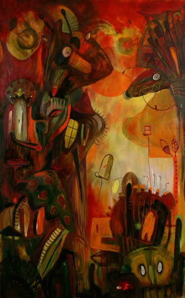 Painting titled "Strange Town I / Dz…" by Justyna Ralicka, Original Artwork, Oil