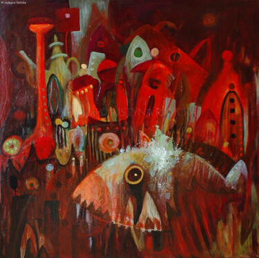 Painting titled "Fish Town II / Rybi…" by Justyna Ralicka, Original Artwork, Oil