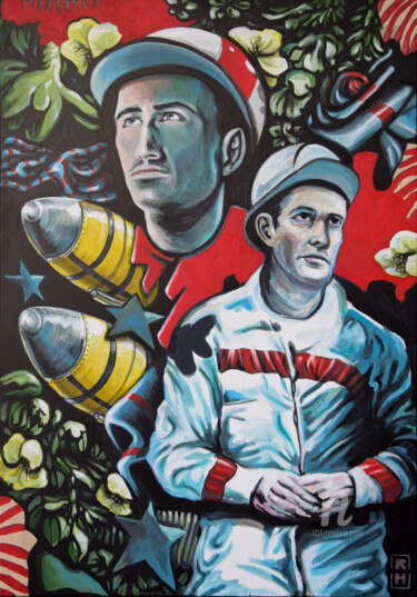 Malerei mit dem Titel "Bomben und Blumen" von Ralph Hackeland, Original-Kunstwerk, Acryl