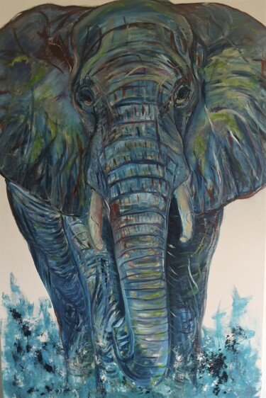 Картина под названием "L'éléphant bleu- l'…" - Ralph Spegelaere, Подлинное произведение искусства, Масло