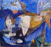 Malerei mit dem Titel "Vogel mit Engel" von Ralph Kleiner, Original-Kunstwerk, Öl