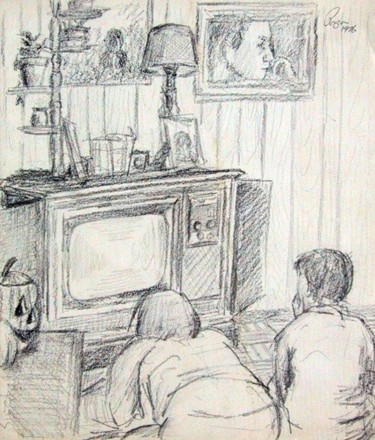 Drawing titled "Watching TV 1976" by Ralph Papa, Original Artwork, Other