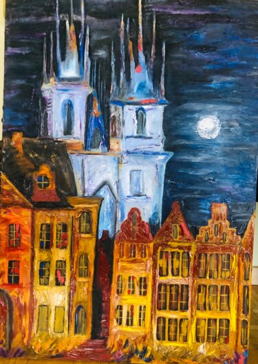 Painting titled "Ciudad de noche" by Raluca Ulici, Original Artwork, Oil