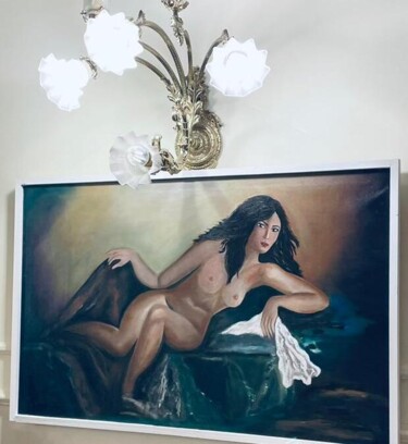 Painting titled "La dama de Jade" by Raluca Ulici, Original Artwork, Oil Mounted on Wood Stretcher frame