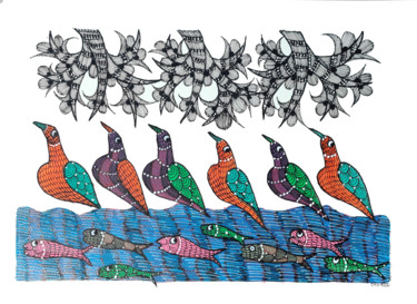 Painting titled "Gond Painting21" by Ramesh Shyam, Original Artwork, Acrylic