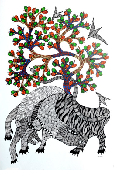 Peinture intitulée "Gond Painting38" par Ramesh Shyam, Œuvre d'art originale, Acrylique