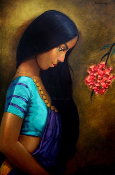 Ζωγραφική με τίτλο "Girl with a flower…" από Ramesh Terdal, Αυθεντικά έργα τέχνης, Λάδι