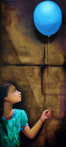 Malerei mit dem Titel "Girl with Balloon" von Ramesh Terdal, Original-Kunstwerk, Öl