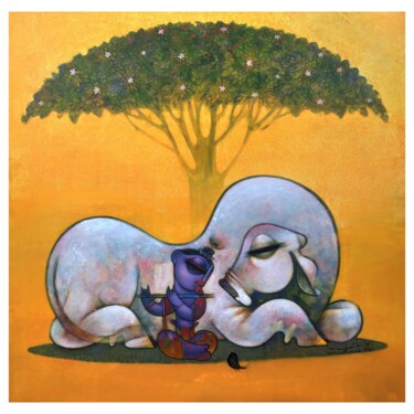 Painting titled "Krishna with cow un…" by Ramesh Gujar, Original Artwork, Acrylic Mounted on Wood Stretcher frame
