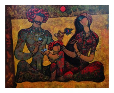 Painting titled "Family -35" by Ramesh Gujar, Original Artwork, Acrylic Mounted on Wood Stretcher frame