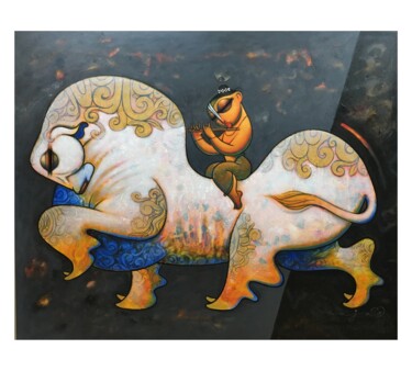 Painting titled "Krishna with cow 50" by Ramesh Gujar, Original Artwork, Acrylic