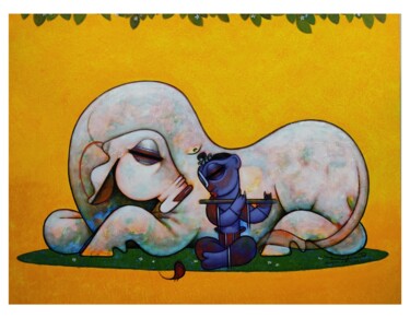 Painting titled "Krishna with cow 53" by Ramesh Gujar, Original Artwork, Acrylic