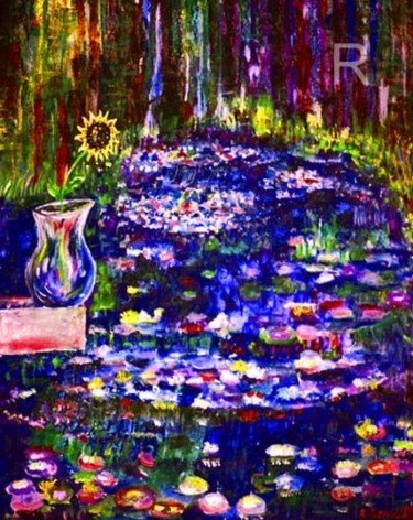 Painting titled "Water lilies Landsc…" by Rami Benatar, Original Artwork, Oil