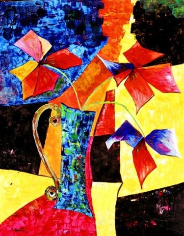 Painting titled "Floral in Glass Vase" by Rami Benatar, Original Artwork, Oil