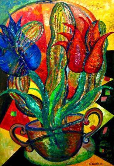 Painting titled "Tulips Desert & Cac…" by Rami Benatar, Original Artwork, Oil