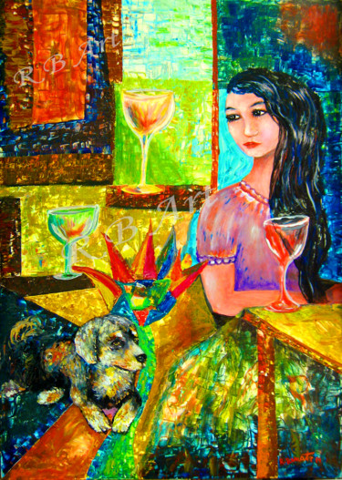 Painting titled "Lady and Dog waitin…" by Rami Benatar, Original Artwork, Oil