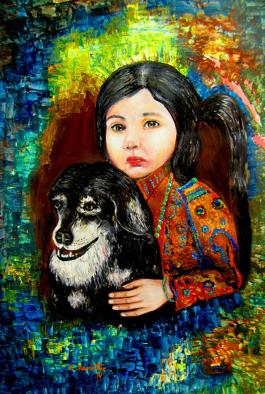 Painting titled "Girl and dog" by Rami Benatar, Original Artwork, Acrylic