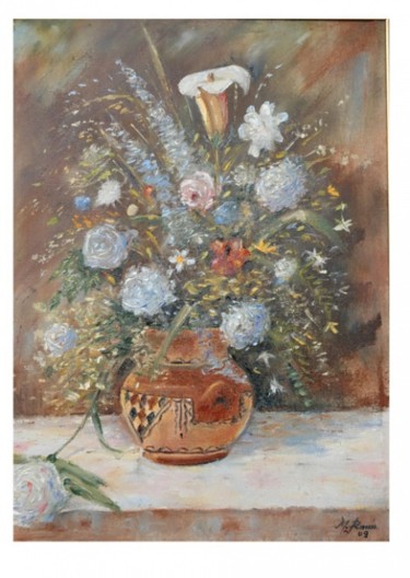Painting titled "Pot de fleurs" by Mourad Rami, Original Artwork, Oil