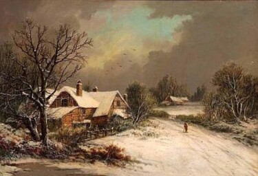 Картина под названием "Village in snow" - Ramin Kerimov, Подлинное произведение искусства, Масло