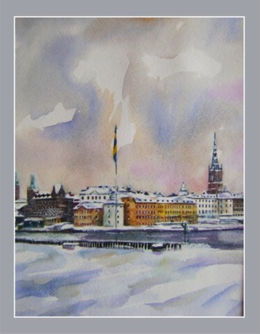 Painting titled "view of riddarholmen" by Ramin Kerimov, Original Artwork, Watercolor