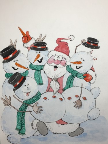 Рисунок под названием "снеговики открытка" - Daryarv, Подлинное произведение искусства, Карандаш