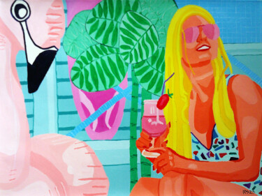 Malerei mit dem Titel "Woman with Flamingo" von Randall Steinke, Original-Kunstwerk, Öl