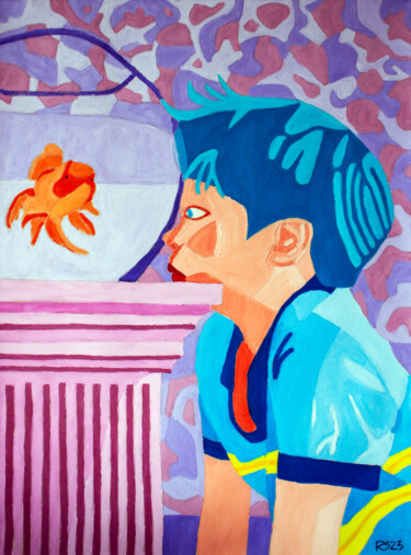 Malerei mit dem Titel "Boy and Fish" von Randall Steinke, Original-Kunstwerk, Öl